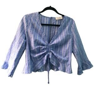Spring Haze Womens Sz L Blue White Linen Blend Ruffle Pull String Top